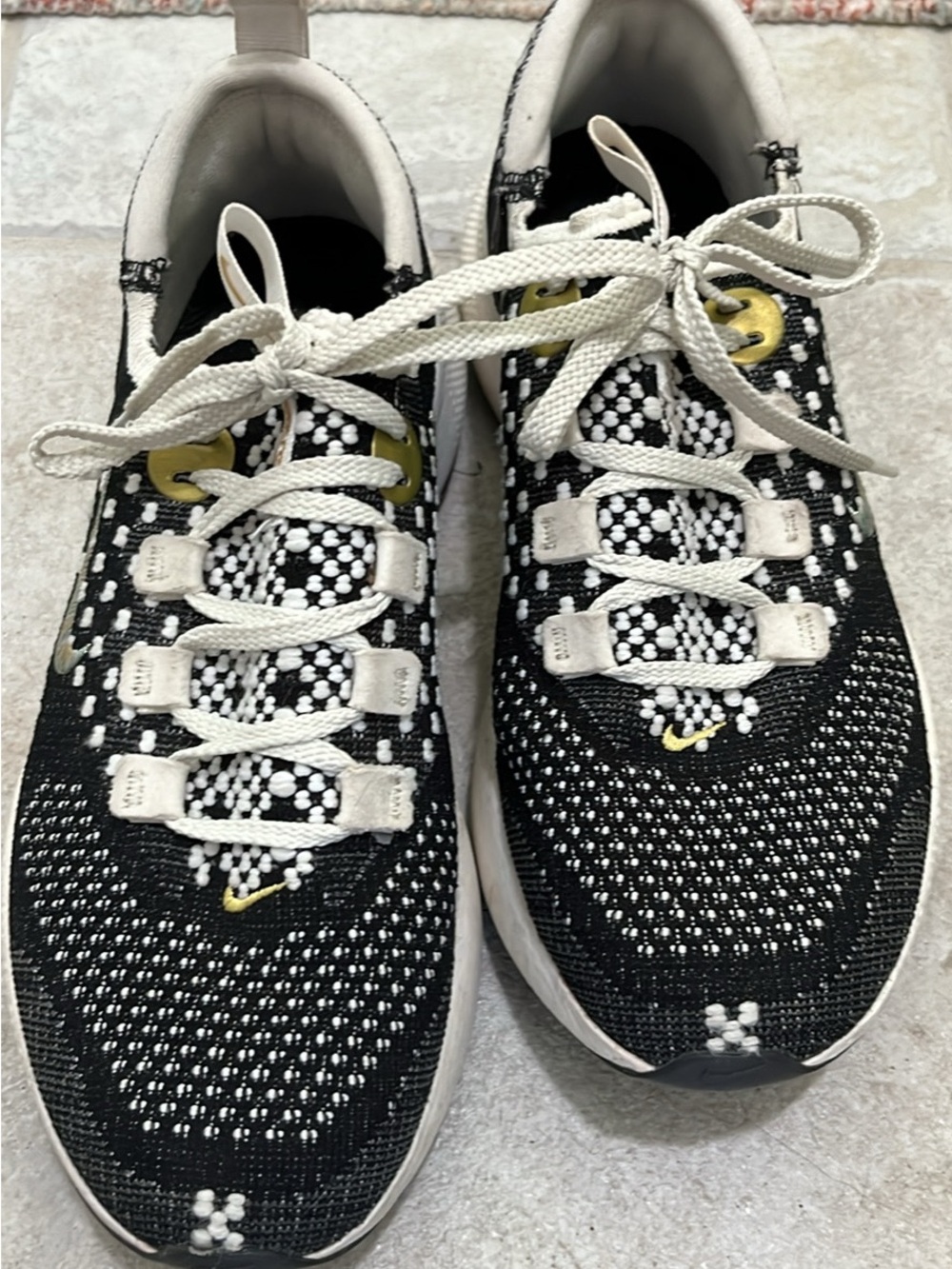Nike Women’s Black and White Knit Lace-Up Athletic Sneakers with Yellow Accents
